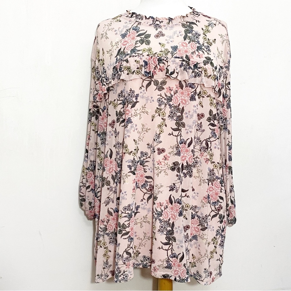 MASSINI floral print sheer yoke and sleeve lined body ruffle trim blouse 3X
